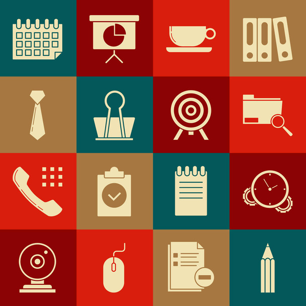 Nastavit tužku, Time Management, Search concept with folder, Coffee cup flat, Binder clip, Tie, Calendar and Target icon. Vektor - Vektor, obrázek