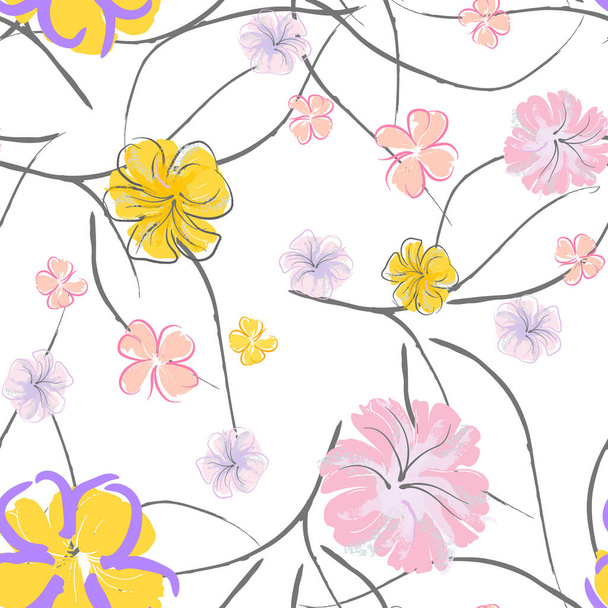 Pink Flowers Blooming Pattern. Pastel Watercolor Floral Print. Little Pink, Yellow, Lilac flower on grey leaf. Elegant brush Background. Seamless Botanical Vector Surface. Texture For Fashion Prints. - Vector, Imagen