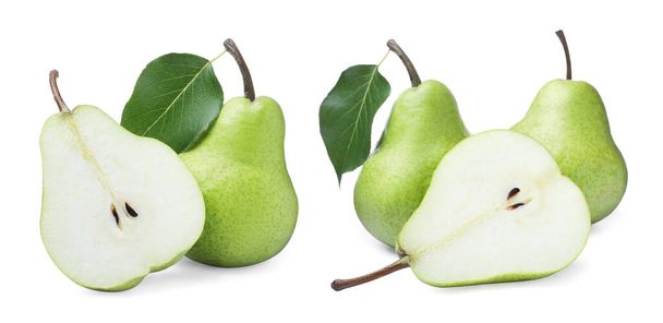 Set with tasty ripe pears on white background. Banner design - Foto, afbeelding