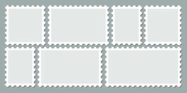 Satz leerer Stempelrahmen-Vektor. Verschiedene gezahnte Einfassungen für Briefmarkenrohlinge. Sammelpackung sauberer Postaufkleber mit Kopierraum - Vektor, Bild