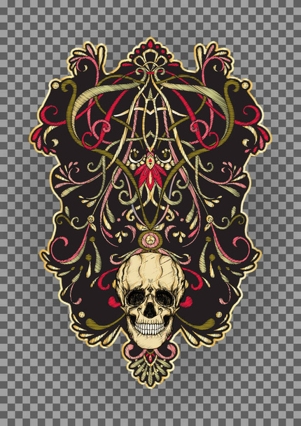 Patch, embroidery imitation. Decorative floral motif with human skull - Vector, Image