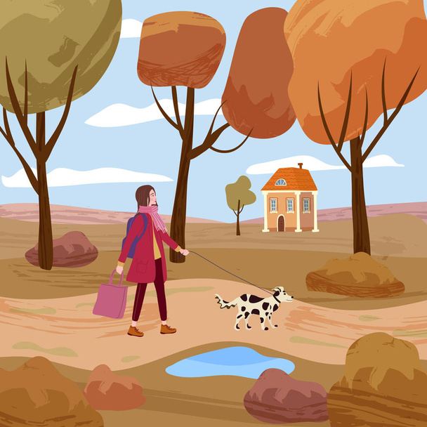 Young woman walks the dog in the autumn park path. Trendy fashionable look with pet, fall mood. Vector illustration banner - Wektor, obraz