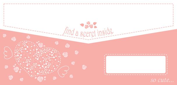 Cute design for greeting card or envelope with heart and roses and keys.  - Vector, afbeelding