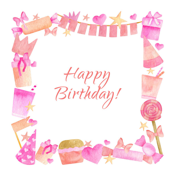 水彩の誕生日フレーム。パーティの帽子と旗、紙コップ、ケーキ、キャンディー、ハートとリボンの弓を白い背景に隔離されたかわいいピンクの境界線を描いた手。女の子のための幸せな誕生日デザイン. - 写真・画像