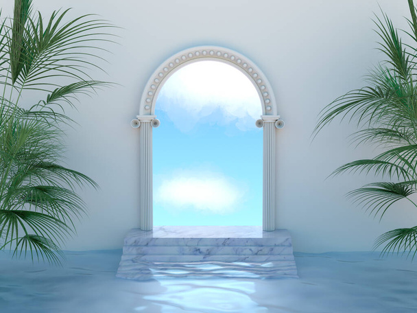 A natural podium made of stairs with an arch. Antique door with a view of the cloudy sky. Tropical trees in the water. 3D render - 写真・画像