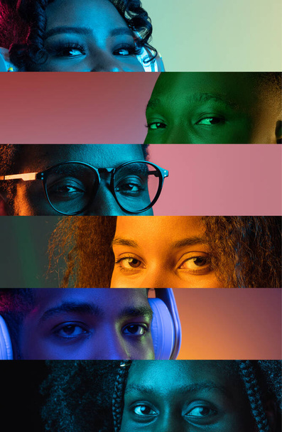 Collage van bijgesneden mannelijke en vrouwelijke ogen geplaatst op smalle strepen in neon lichten. - Foto, afbeelding