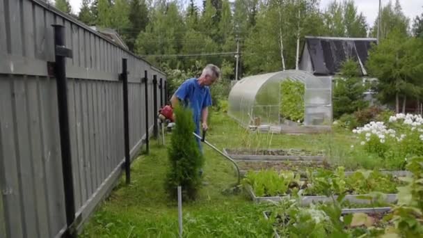 男は彼の裏庭で草を刈るガソリントリマーで彼の国のプロット上に - 映像、動画