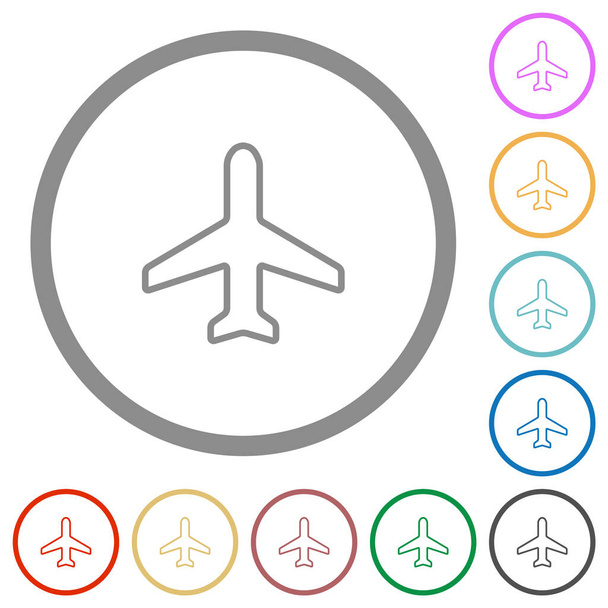 Αεροπλάνο πάνω όψη περίγραμμα επίπεδη χρώμα εικονίδια σε στρογγυλό περιγράμματα σε λευκό φόντο - Διάνυσμα, εικόνα