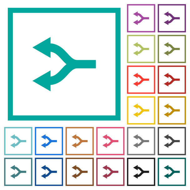 Flechas divididas iconos de color plano izquierdo con marcos de cuadrante sobre fondo blanco - Vector, imagen