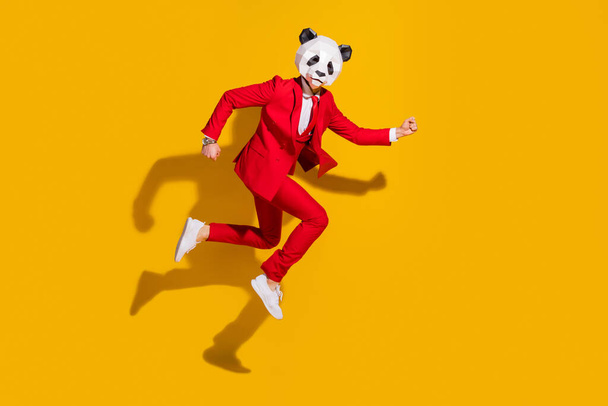 Photo of funky hurry panda guy jump hurry late wear mask red tuxedo sneakers isolated on yellow color background - Foto, Imagem