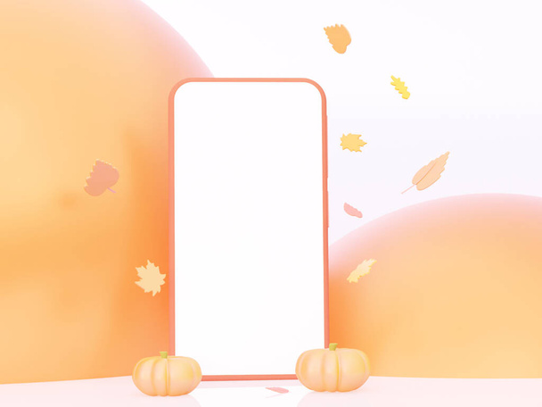 Осенний макет телефона с летящими листьями. 3d-рендеринг. - Фото, изображение