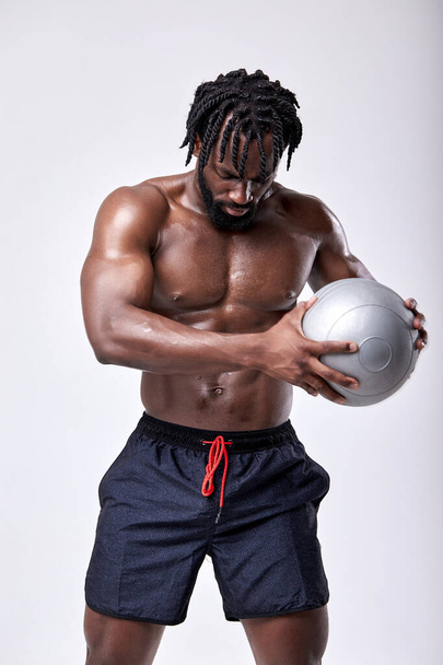 ball exercise african american athlete man. Abs workout. fitness athlete working out - 写真・画像