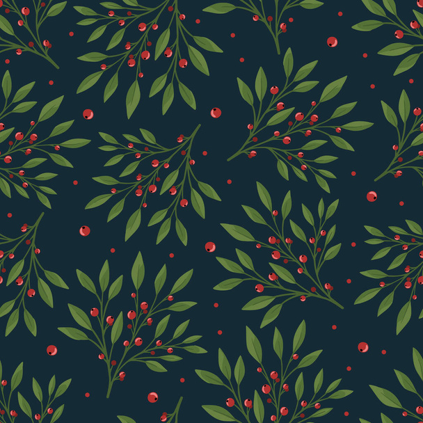 Seamless floral pattern with green leaves and red berries. Perfect for textile wallpaper posters. - ベクター画像
