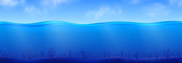 Underwater landscape with seaweeds, sunbeam and clouds on sky. Panoramic vector ocean background - Vector, Image