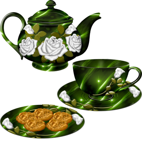 A pretty tea set and plate of cookies - Vector, imagen