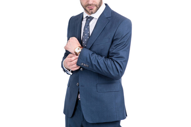 cropped man confident successful businessman in suit and wristwatch isolated on white, wristwatch. - Fotoğraf, Görsel