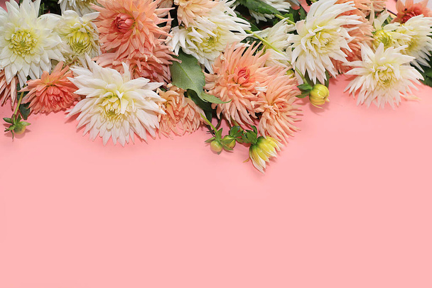 Dahlia flowers frame, abstract floral arrangement, spring or autumn background with place for text, minimal holiday concept, still life, greeting card. - Foto, immagini