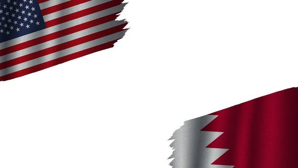 Bahrajn i Stany Zjednoczone Ameryki Flagi USA Razem, Efekt tekstury falistej tkaniny, Przestarzała pogoda, Koncepcja kryzysowa, Ilustracja 3D - Zdjęcie, obraz