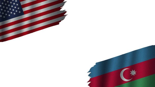 Azerbaijan and United States of America USA Flags Together, Wavy Fabric Texture Effect, Obsolete Torn Weathered, Crisis Concept, 3D Illustration - Photo, Image