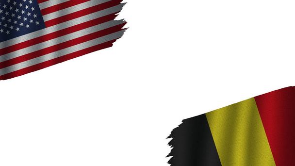 Belgium and United States of America USA Flags Together, Wavy Fabric Texture Effect, Obsolete Torn Weathered, Crisis Concept, 3D Illustration - Photo, Image