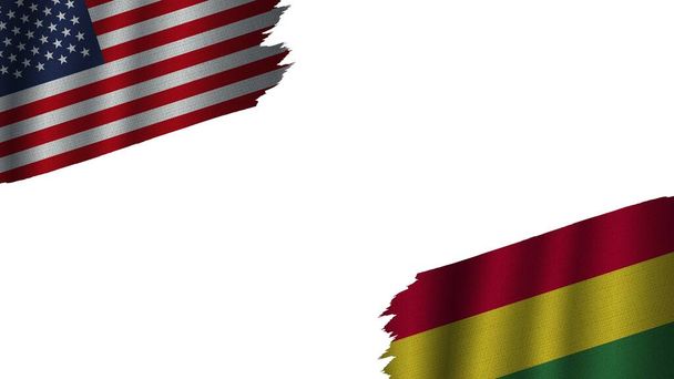 Bolivia and United States of America USA Flags Together, Wavy Fabric Texture Effect, Obsolete Torn Weathered, Crisis Concept, 3D Illustration - Photo, Image
