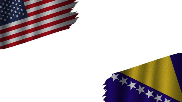 ボスニア・ヘルツェゴビナと米国アメリカ国旗,波布テクスチャ効果,不完全な竜巻風化,危機概念, 3Dイラスト - 写真・画像