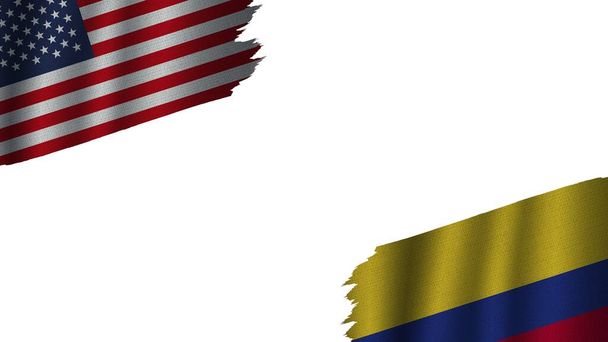 Kolumbia i Stany Zjednoczone Ameryki Flagi USA Razem, Efekt tekstury falistej tkaniny, Przestarzała pogoda, Koncepcja kryzysowa, Ilustracja 3D - Zdjęcie, obraz