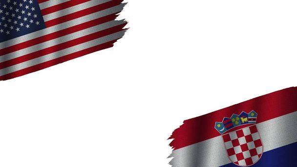 Croatia and United States of America USA Flags Together, Wavy Fabric Texture Effect, Obsolete Torn Weathered, Crisis Concept, 3D Illustration - Photo, Image