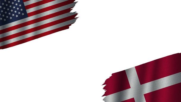 Δανία και Ηνωμένες Πολιτείες της Αμερικής ΗΠΑ σημαίες μαζί, κυματιστή υφασμάτινη υφή επίδραση, Ορατότητα σκίστηκε, κρίση έννοια, 3D εικονογράφηση - Φωτογραφία, εικόνα
