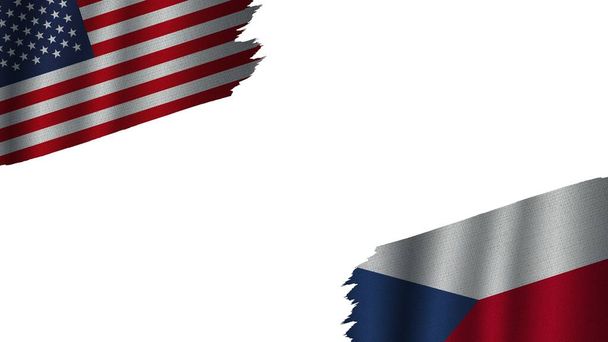 Czech Republic and United States of America USA Flags Together, Wavy Fabric Texture Effect, Obsolete Torn Weathered, Crisis Concept, 3D Illustration - Photo, Image