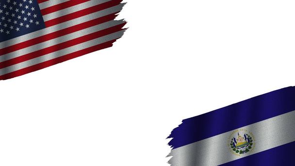 El Salvador and United States of America USA Flags Together, Wavy Fabric Texture Effect, Obsolete Torn Weathered, Crisis Concept, 3D Illustration - Photo, Image