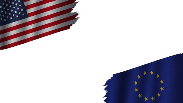 Unia Europejska i Stany Zjednoczone Ameryki Flagi USA Razem, Efekt tekstury tkaniny falistej, Przestarzała pogoda, Koncepcja kryzysowa, Ilustracja 3D - Zdjęcie, obraz