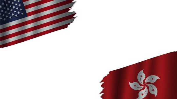 Hong Kong i Stany Zjednoczone Ameryki Flagi USA Razem, Efekt tekstury falistej tkaniny, Przestarzała pogoda, Koncepcja kryzysu, Ilustracja 3D - Zdjęcie, obraz