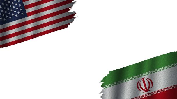 Iran i Stany Zjednoczone Ameryki Flagi USA Razem, Efekt tekstury falistej tkaniny, Przestarzała pogoda, Koncepcja kryzysowa, Ilustracja 3D - Zdjęcie, obraz