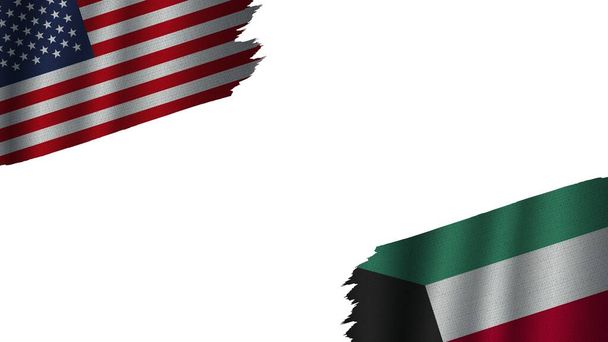 Κουβέιτ και Ηνωμένες Πολιτείες της Αμερικής ΗΠΑ Σημαίες μαζί, κυματιστό ύφασμα επίδραση υφής, Ορατότητα σκίστηκε Weathered, Κρίση Concept, 3D εικονογράφηση - Φωτογραφία, εικόνα
