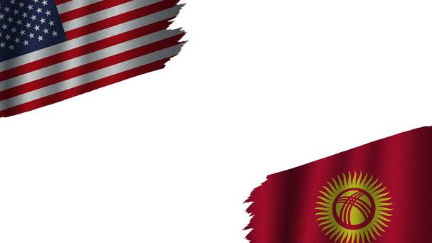 Kirgistan i Stany Zjednoczone Ameryki Flagi USA Razem, Efekt tekstury falistej tkaniny, Przestarzała pogoda, Koncepcja kryzysowa, Ilustracja 3D - Zdjęcie, obraz