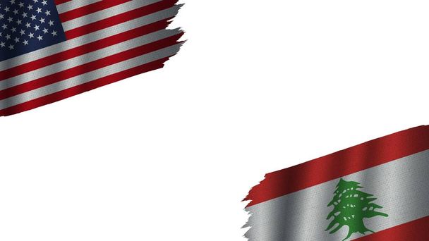 Lebanon and United States of America USA Flags Together, Wavy Fabric Texture Effect, Obsolete Torn Weathered, Crisis Concept, 3D Illustration - Photo, Image