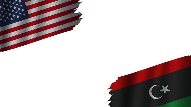 Λιβύη και Ηνωμένες Πολιτείες της Αμερικής ΗΠΑ Σημαίες μαζί, κυματιστή υφασμάτινη υφή επίδραση, Ορατότητα σκίστηκε, Κρίση Concept, 3D Εικονογράφηση - Φωτογραφία, εικόνα