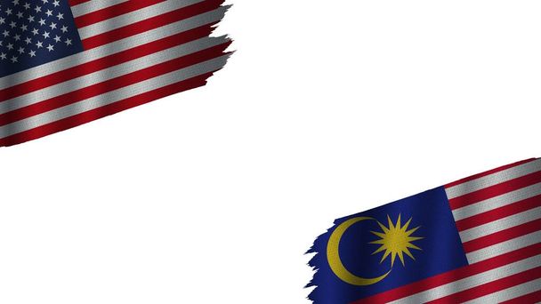 Μαλαισία και Ηνωμένες Πολιτείες της Αμερικής ΗΠΑ Σημαίες μαζί, κυματιστή υφασμάτινη υφή επίδραση, Ορατότητα σκίστηκε Weathered, Κρίση Concept, 3D Εικονογράφηση - Φωτογραφία, εικόνα