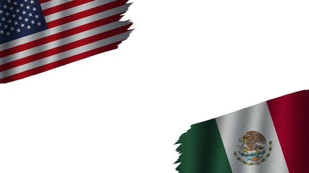 Μεξικό και Ηνωμένες Πολιτείες της Αμερικής ΗΠΑ σημαίες μαζί, κυματιστή υφασμάτινη υφή επίδραση, Ορατότητα σκίστηκε Weathered, Κρίση Concept, 3D εικονογράφηση - Φωτογραφία, εικόνα