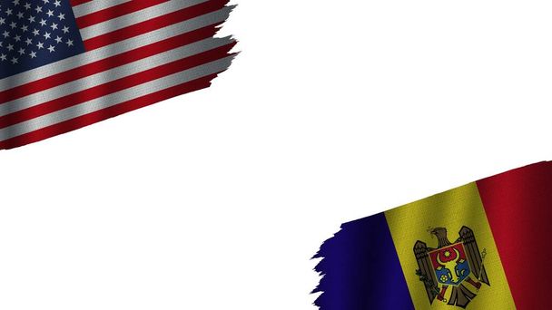 Mołdawia i Stany Zjednoczone Ameryki Flagi USA Razem, Efekt tekstury falistej tkaniny, Przestarzała pogoda, Koncepcja kryzysowa, Ilustracja 3D - Zdjęcie, obraz