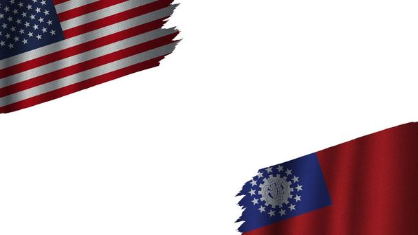 Myanmar Burma and United States of America USA Flags Together, Wavy Fabric Texture Effect, Obsolete Torn Weathered, Crisis Concept, 3D Illustration - Φωτογραφία, εικόνα