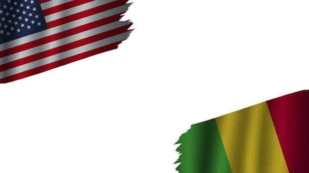 Μαλί και Ηνωμένες Πολιτείες της Αμερικής ΗΠΑ σημαίες μαζί, κυματιστή υφασμάτινη υφή επίδραση, Ορατότητα σκίστηκε Weathered, έννοια κρίσης, 3D εικονογράφηση - Φωτογραφία, εικόνα