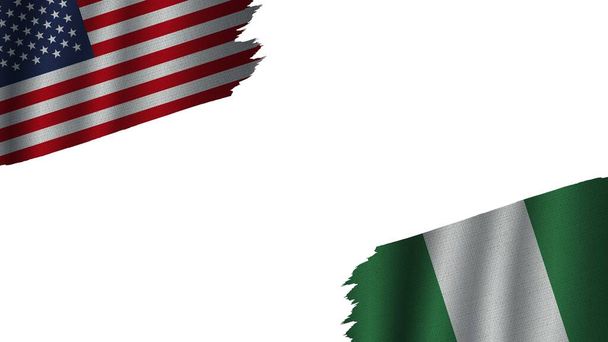 Nigeria i Stany Zjednoczone Ameryki Flagi USA Razem, Efekt tekstury falistej tkaniny, Przestarzała pogoda, Koncepcja kryzysu, Ilustracja 3D - Zdjęcie, obraz