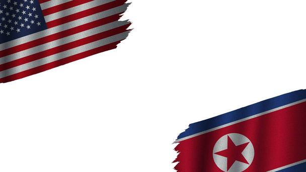 Korea Północna i Stany Zjednoczone Ameryki Flagi USA Razem, Efekt tekstury falistej tkaniny, Przestarzała pogoda, Koncepcja kryzysu, Ilustracja 3D - Zdjęcie, obraz