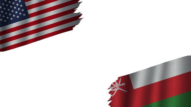 Oman and United States of America USA Flags Together, Wavy Fabric Texture Effect, Obsolete Torn Weathered, Crisis Concept, 3D Illustration - Photo, Image
