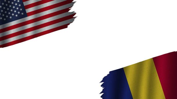 Rumunia i Stany Zjednoczone Ameryki Flagi USA Razem, Efekt tekstury tkaniny falistej, Przestarzała pogoda, Koncepcja kryzysu, Ilustracja 3D - Zdjęcie, obraz