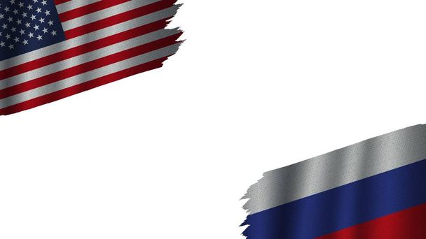 Ρωσία και Ηνωμένες Πολιτείες της Αμερικής ΗΠΑ Σημαίες μαζί, κυματιστή υφασμάτινη υφή επίδραση, Ορατότητα σκίστηκε Weathered, Κρίση Concept, 3D εικονογράφηση - Φωτογραφία, εικόνα