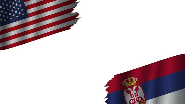 セルビアとアメリカアメリカの国旗一緒に、波布のテクスチャ効果、不完全なトーン風化、危機概念、 3Dイラスト - 写真・画像