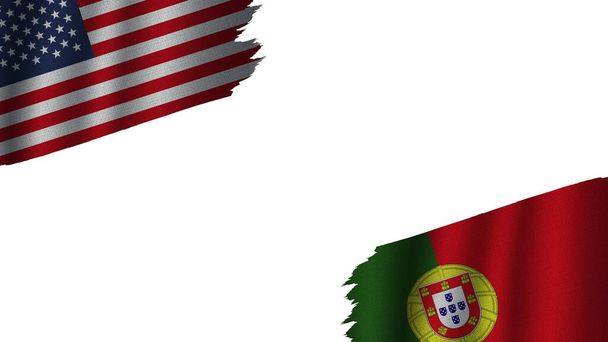 Portugalia i Stany Zjednoczone Ameryki Flagi USA Razem, Efekt tekstury tkaniny falistej, Przestarzała pogoda, Koncepcja kryzysu, Ilustracja 3D - Zdjęcie, obraz